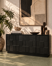 Sculptural Black Geometric Credenza with Brutalist-Inspired Front