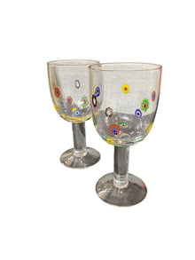Pair of Millefiori Murano Hand Blown Wine Goblets