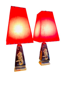 Pair of Mid Century Gold Tone Sea Horse with Red Shades