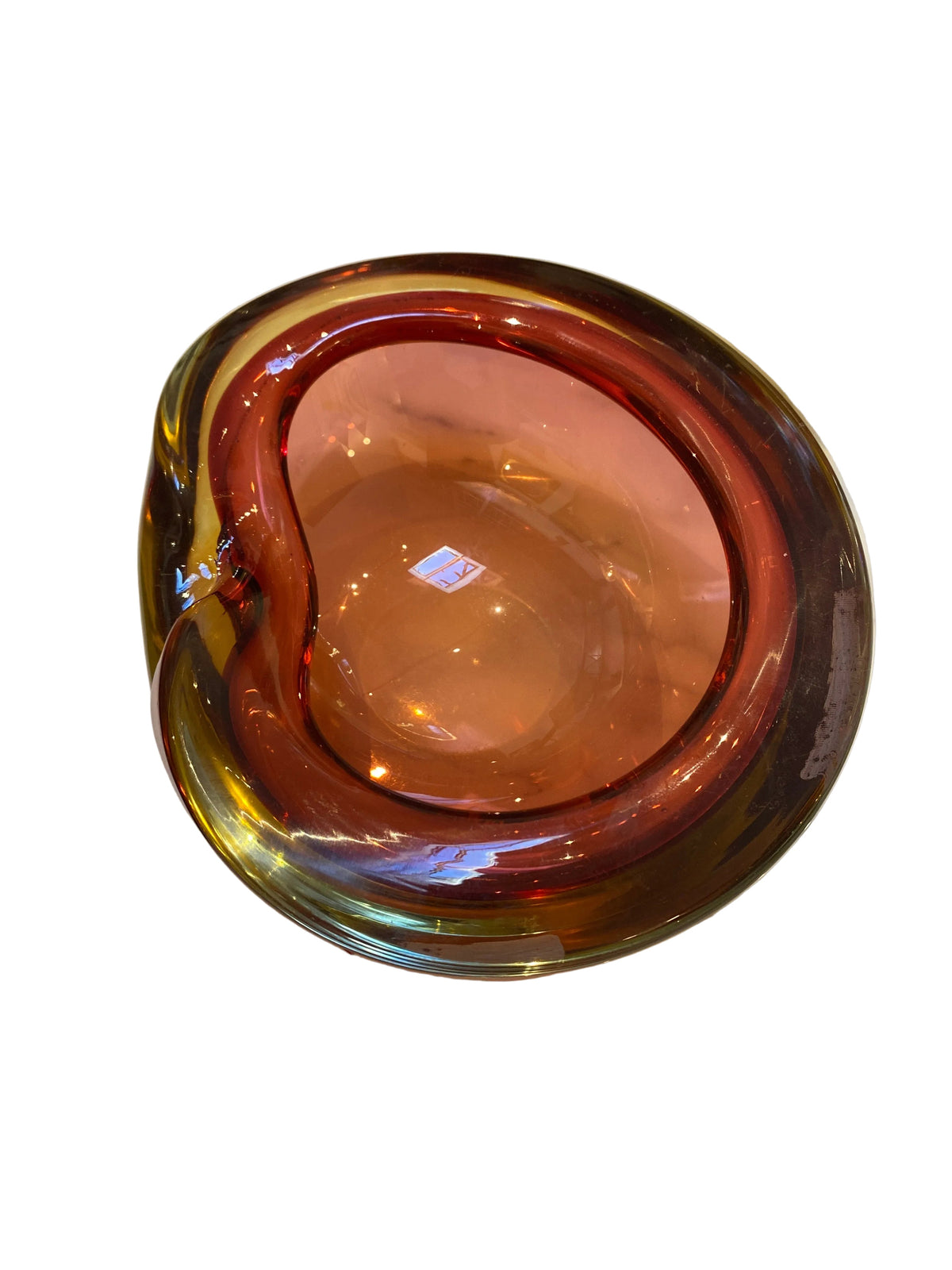 Murano Art Glass Dark Orange Amber Red Clear Blown Glass Catchall Bowl Italy 70s