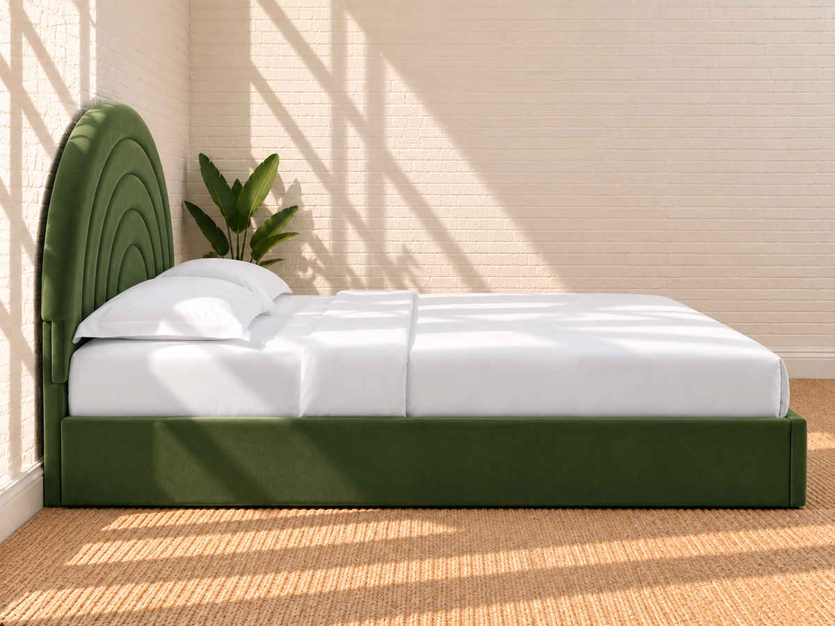Astrid Velvet Arched King-Size Bed in Olive Green