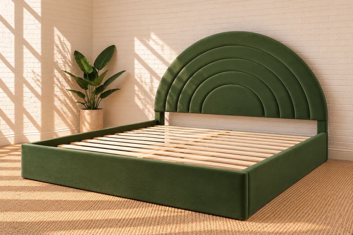Astrid Velvet Arched King-Size Bed in Olive Green