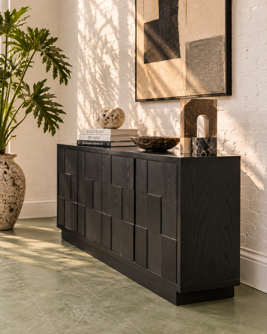 Sculptural Black Geometric Credenza with Brutalist-Inspired Front