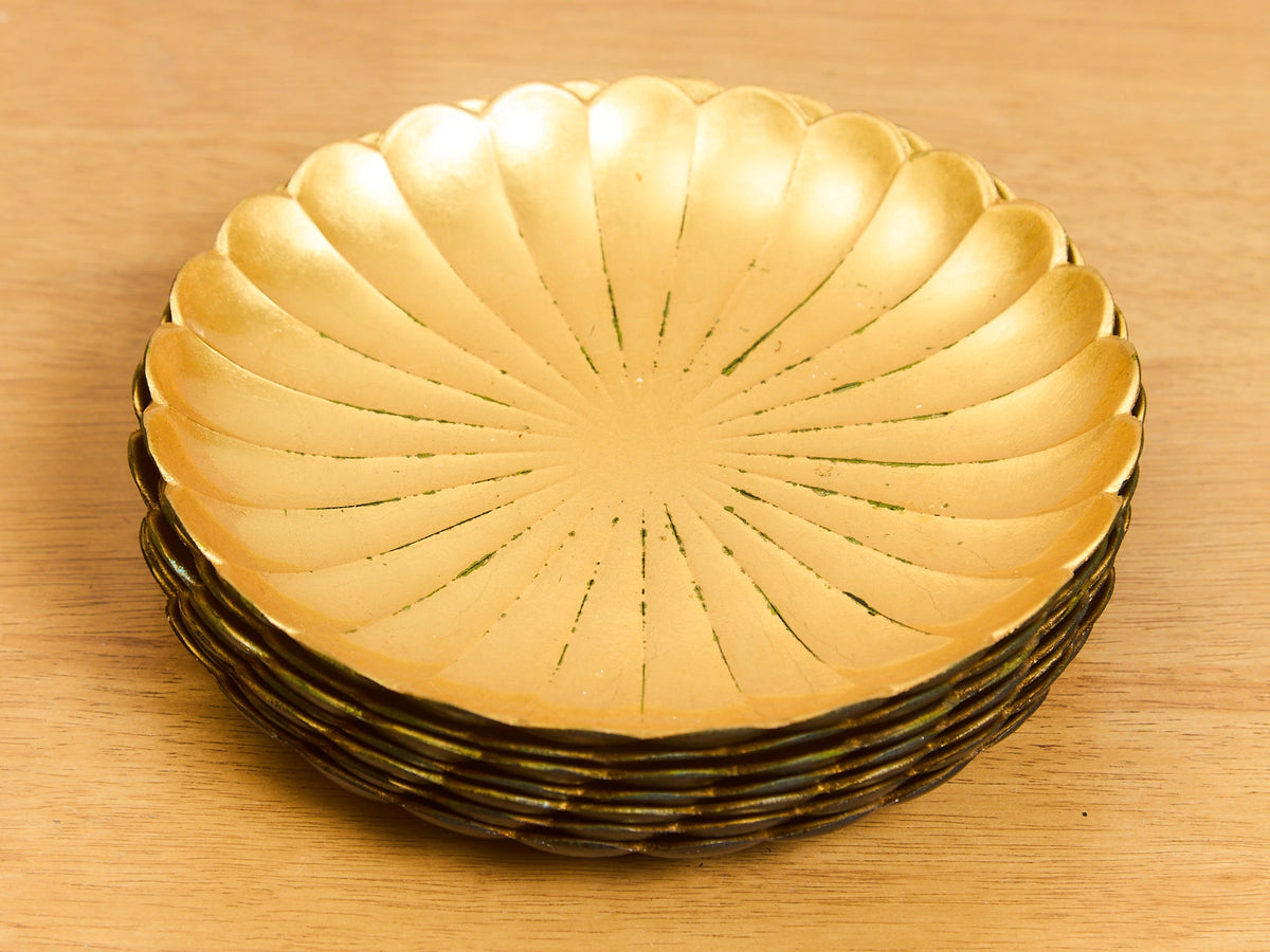 Mid Century Otagiri Golden Japanese Lacquer Ware Floral Shaped Plates - Set of 7