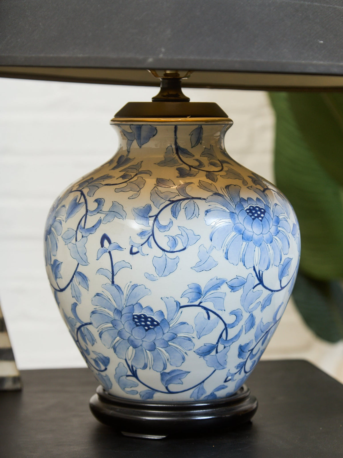 Blue and White Floral Ceramic Table Lamp with Charcoal Shade