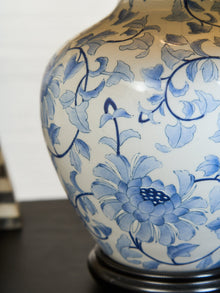 Blue and White Floral Ceramic Table Lamp with Charcoal Shade