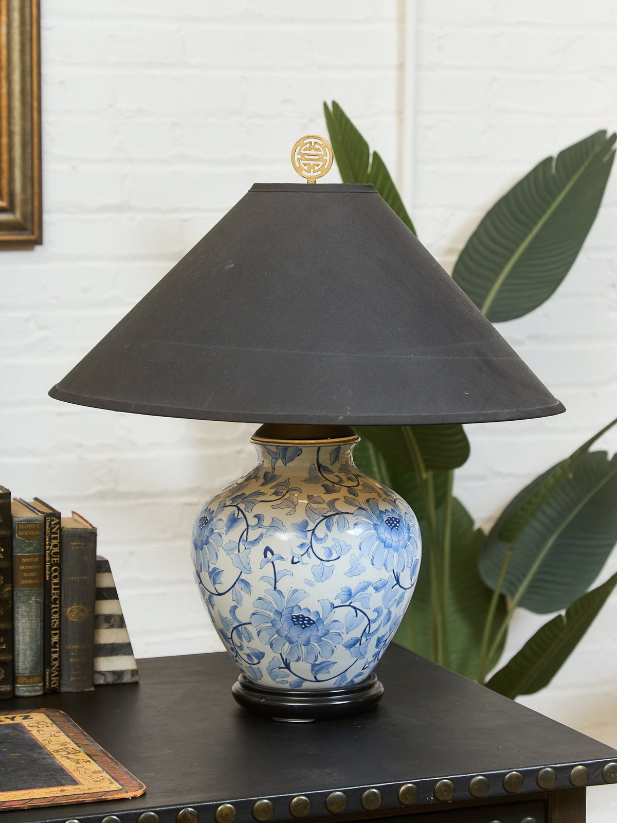 Blue and White Floral Ceramic Table Lamp with Charcoal Shade