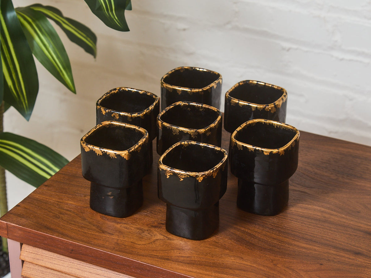 Signed Vintage 1950’s Cocktail Ceramic Cups with Gold Flake Rim