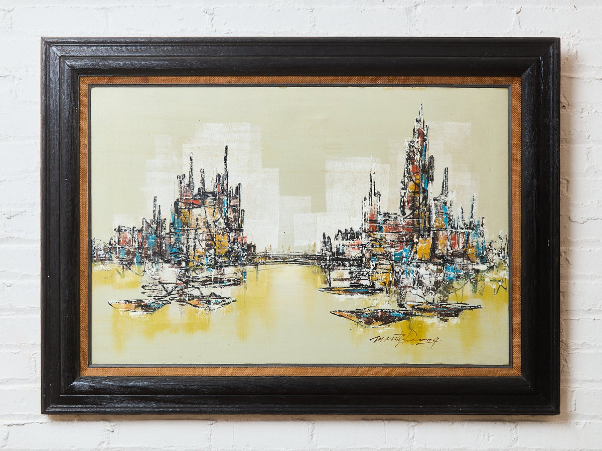 Mid-Century Modern Oil Painting featuring an abstract cityscape skyline Signed Art by Marty Dueng