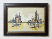 Mid-Century Modern Oil Painting featuring an abstract cityscape skyline Signed Art by Marty Dueng