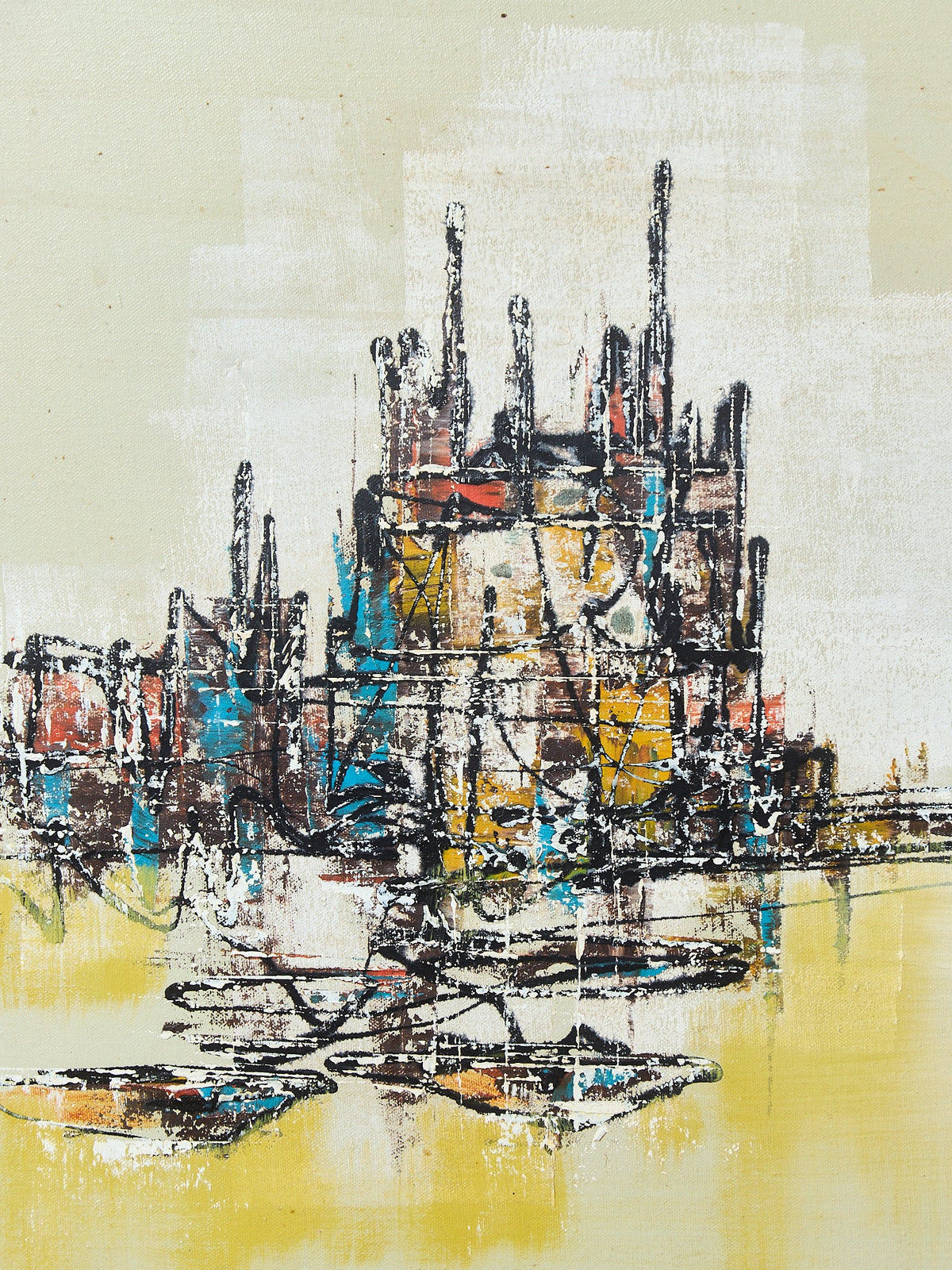Mid-Century Modern Oil Painting featuring an abstract cityscape skyline Signed Art by Marty Dueng