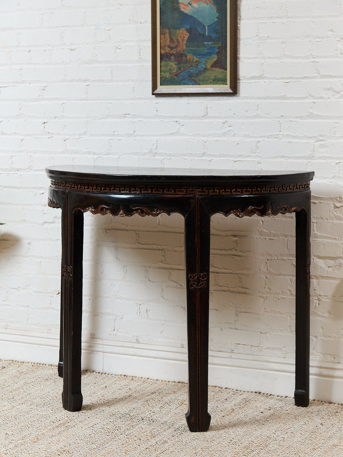 Antique Chinese Black Lacquer Demi-Lune Console Table