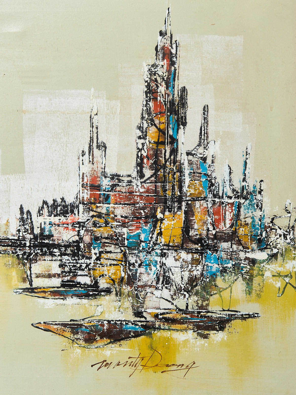 Mid-Century Modern Oil Painting featuring an abstract cityscape skyline Signed Art by Marty Dueng