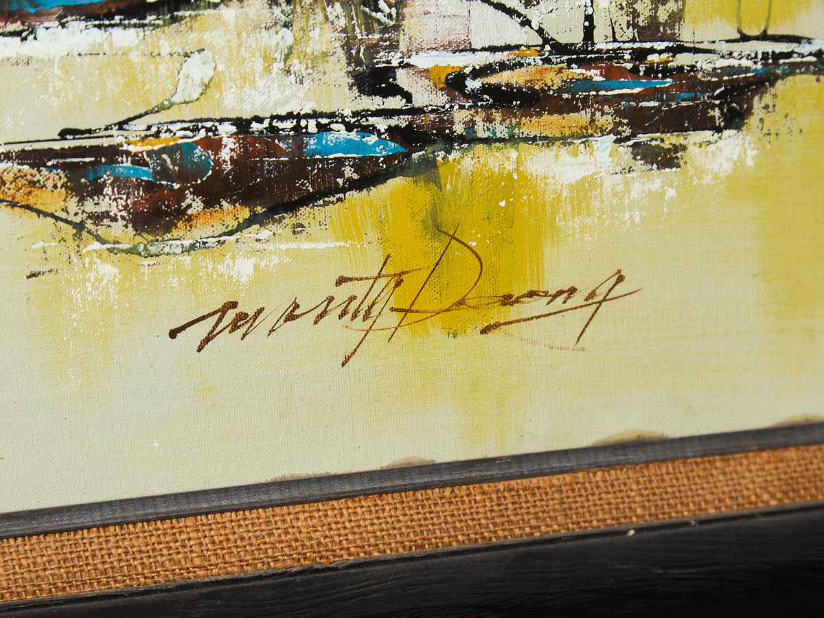 Mid-Century Modern Oil Painting featuring an abstract cityscape skyline Signed Art by Marty Dueng