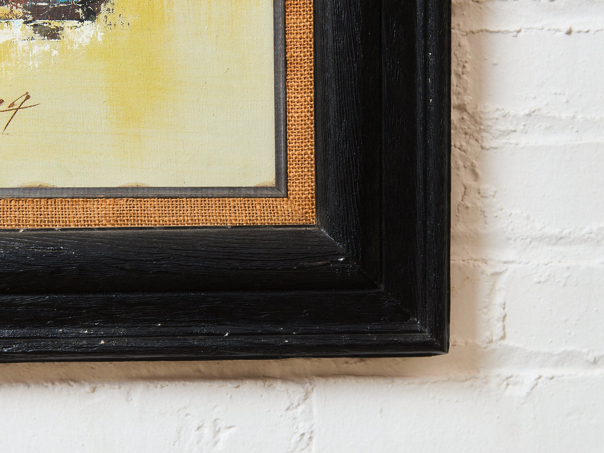 Mid-Century Modern Oil Painting featuring an abstract cityscape skyline Signed Art by Marty Dueng