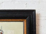 Mid-Century Modern Oil Painting featuring an abstract cityscape skyline Signed Art by Marty Dueng