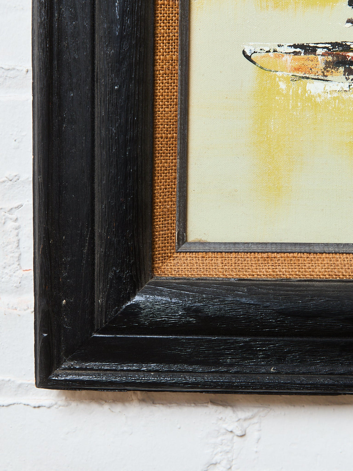 Mid-Century Modern Oil Painting featuring an abstract cityscape skyline Signed Art by Marty Dueng