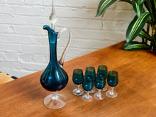 Teal Empoli Italian Glass Decanter and 6 Glasses