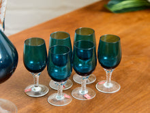 Teal Empoli Italian Glass Decanter and 6 Glasses