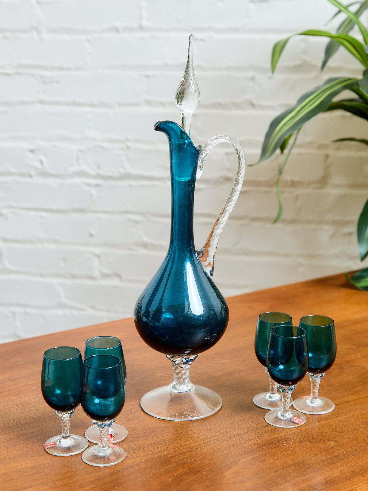 Teal Empoli Italian Glass Decanter and 6 Glasses