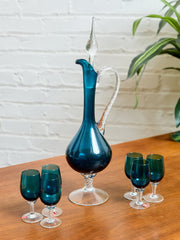 Teal Empoli Italian Glass Decanter and 6 Glasses