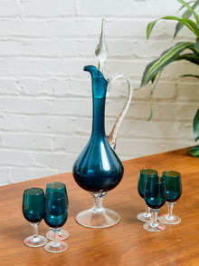 Teal Empoli Italian Glass Decanter and 6 Glasses
