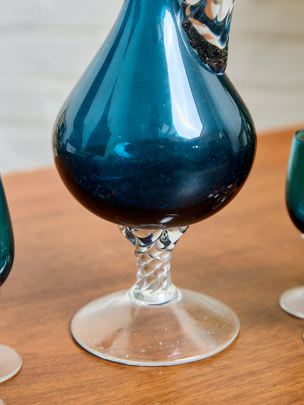 Teal Empoli Italian Glass Decanter and 6 Glasses