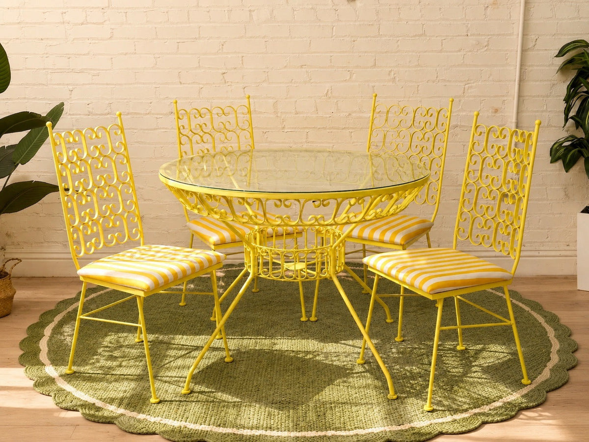 Arthur Umanoff Vintage Yellow Patio Dining Set with Glass Top Table and Four Chairs