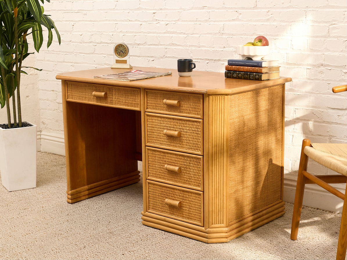 Vintage Coastal Rattan Writing Desk with Woven Drawer Fronts