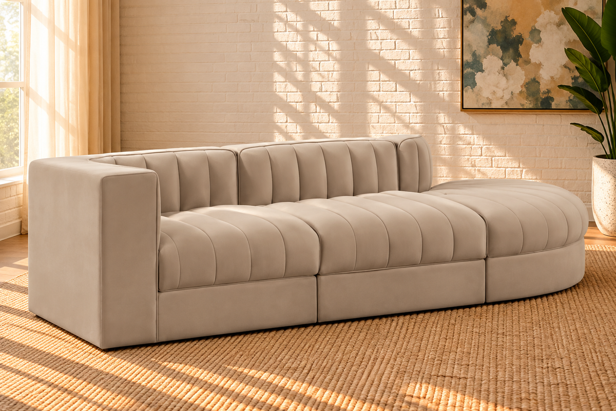 Maricon 3-Piece Velvet Sectional Sofa in Ivory Beige