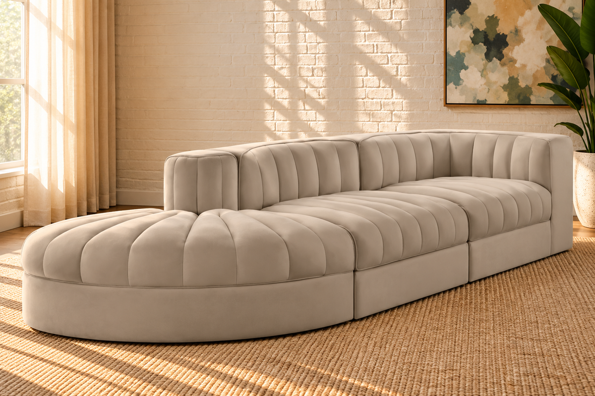 Maricon 3-Piece Velvet Sectional Sofa in Ivory Beige