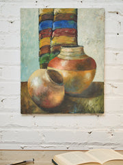 Textured Still Life Oil Painting – Earthen Vessels with Colorful Textile