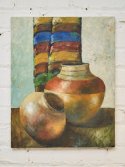 Textured Still Life Oil Painting – Earthen Vessels with Colorful Textile