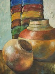 Textured Still Life Oil Painting – Earthen Vessels with Colorful Textile