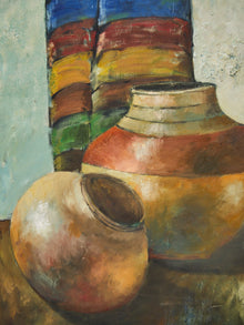 Textured Still Life Oil Painting – Earthen Vessels with Colorful Textile
