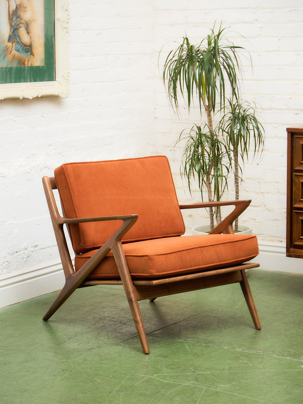 Ziggy Walnut Lounge Chair in Orange Corduroy