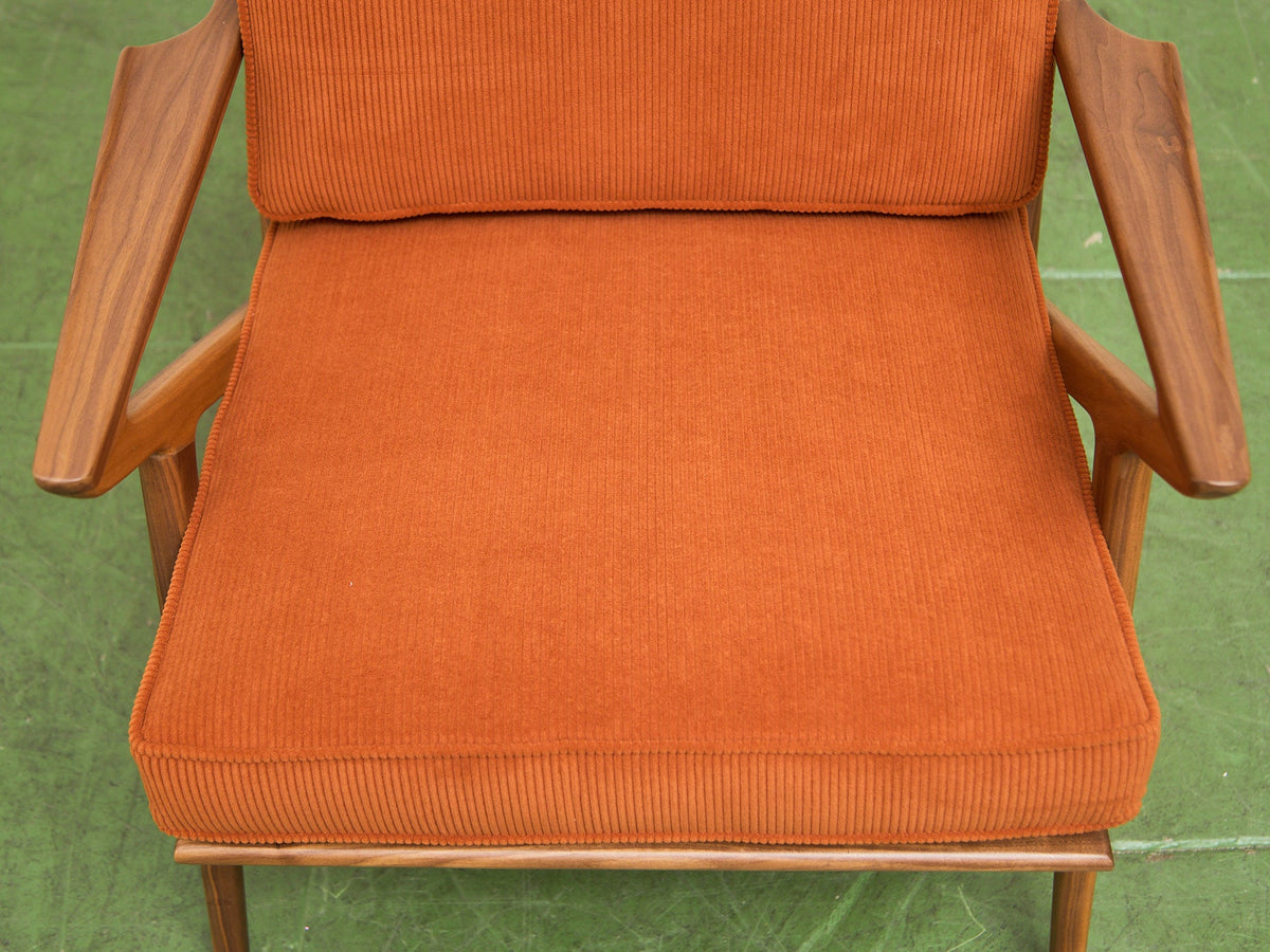 Ziggy Walnut Lounge Chair in Orange Corduroy