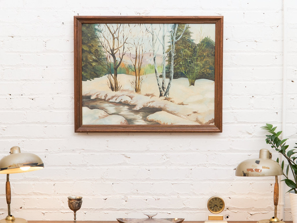 Vintage Winter Stream Through the Birch Trees Painting