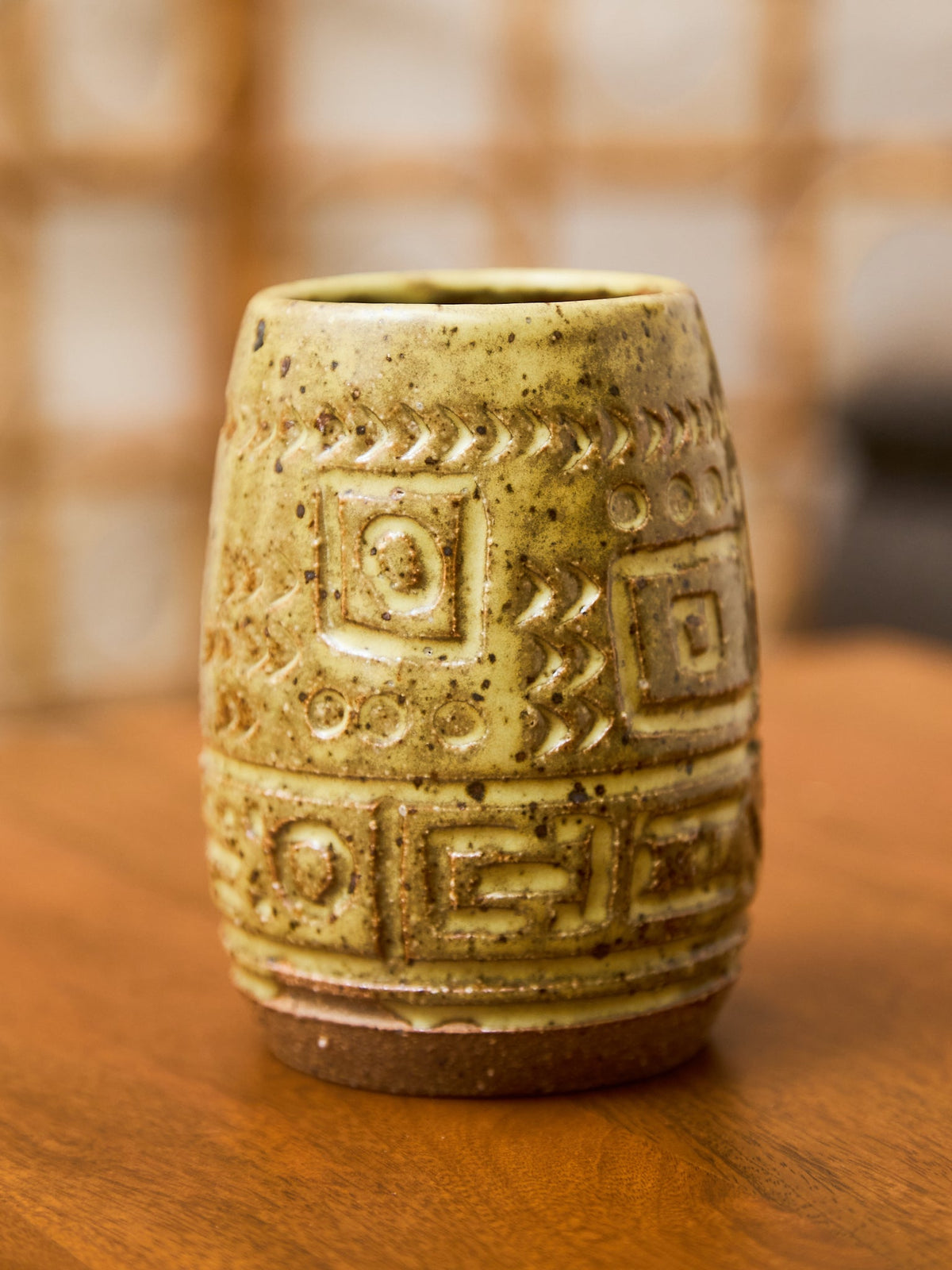 Earth-Toned Studio Pottery Vessel with Geometric Relief