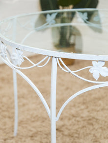 Vintage Wrought Iron Patio Dining Table with Leaf Motif Aqua Cushions and Glass Top
