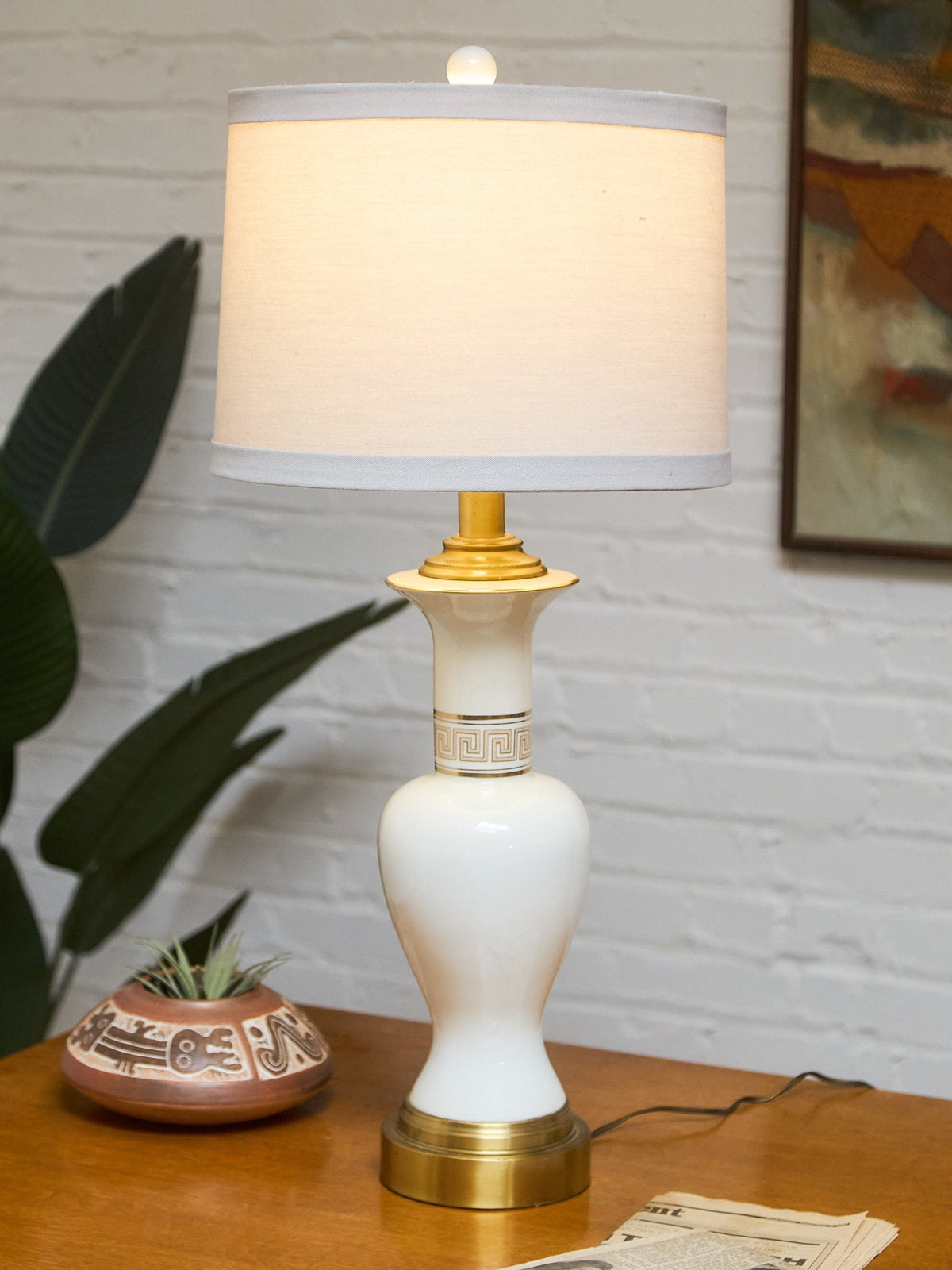 Mid-Century White Ceramic Table Lamp with Brass Base