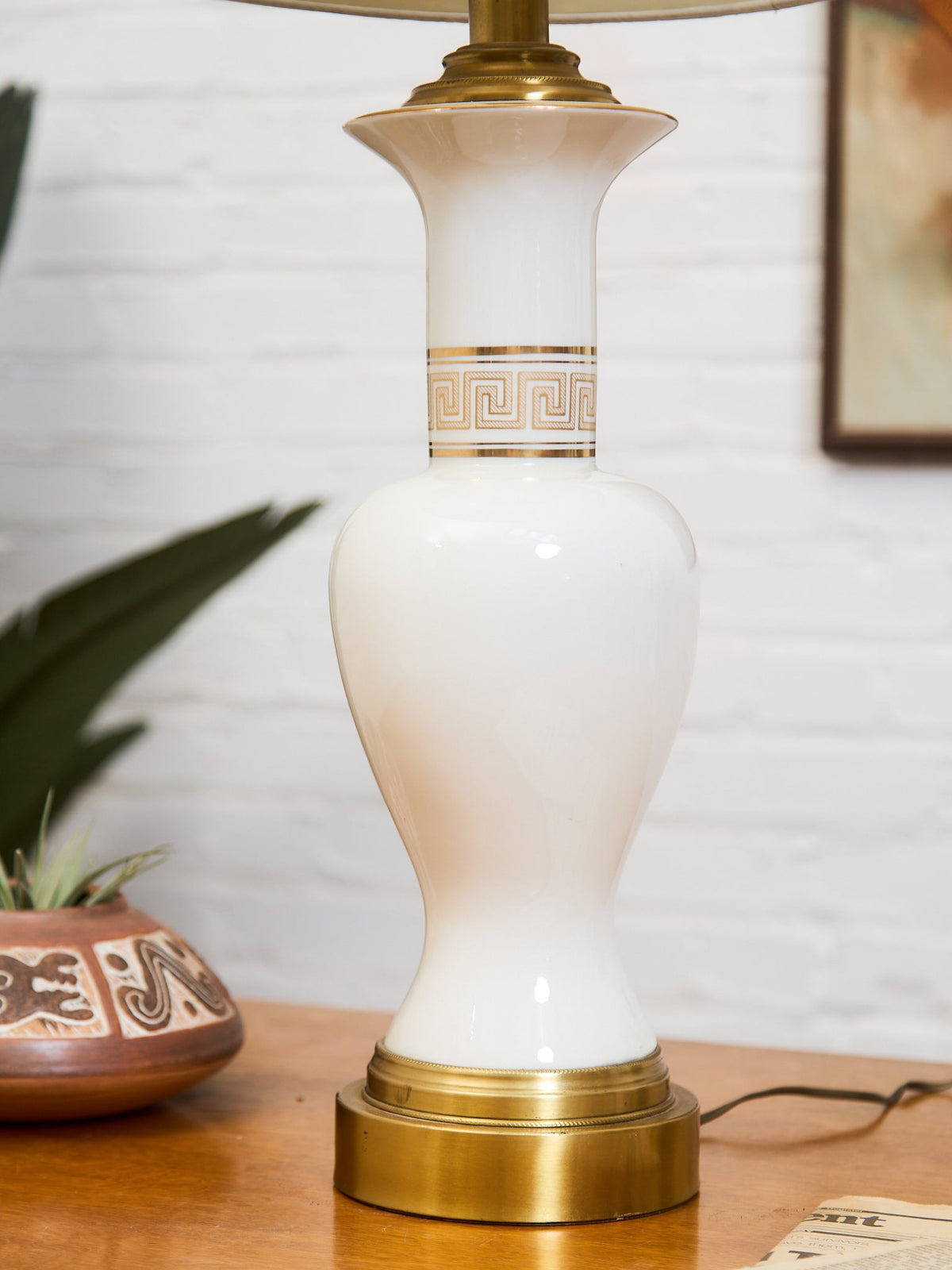 Mid-Century White Ceramic Table Lamp with Brass Base