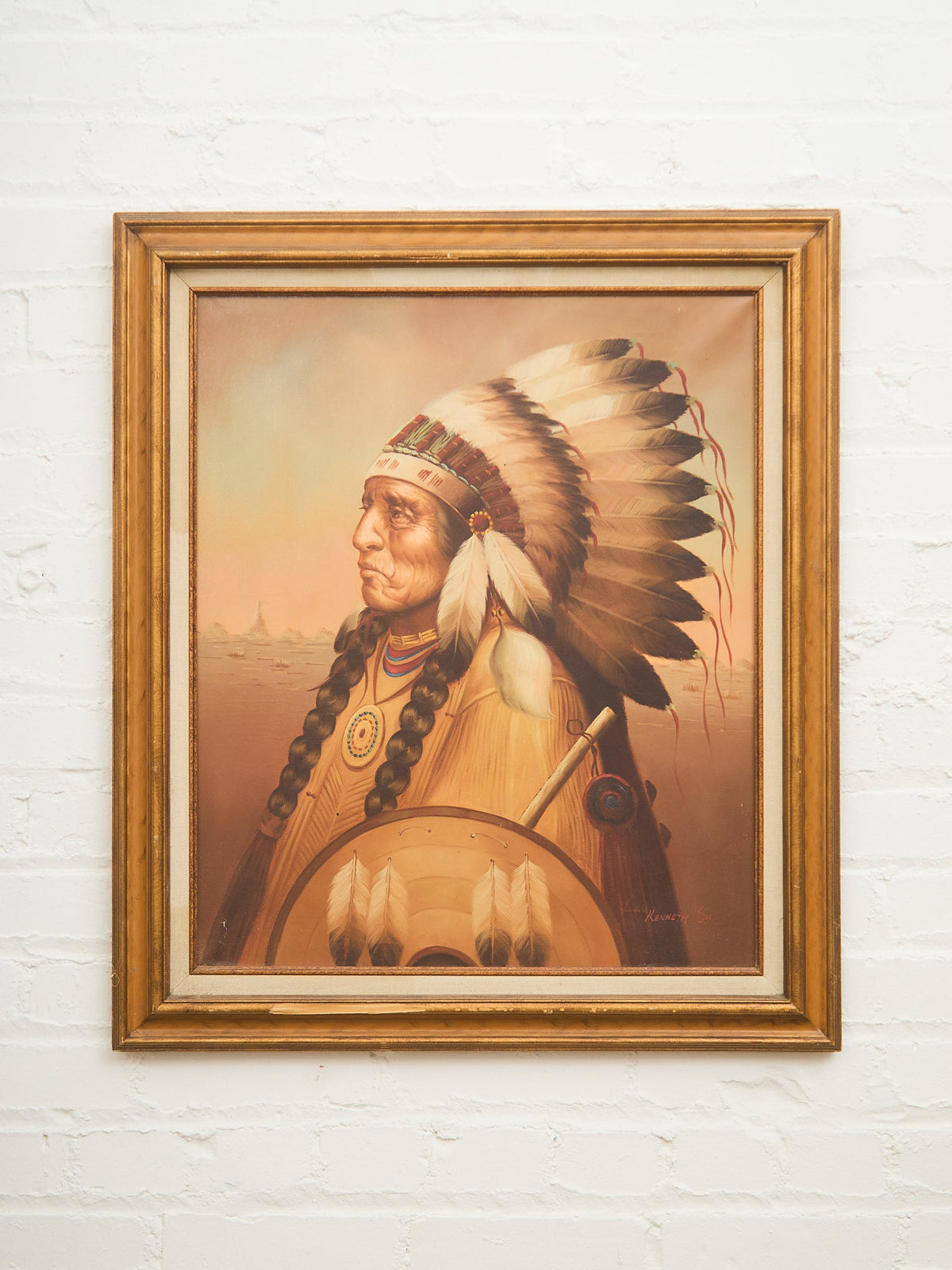 Vintage signed Native American Chief Oil Painting  Kenneth Wu