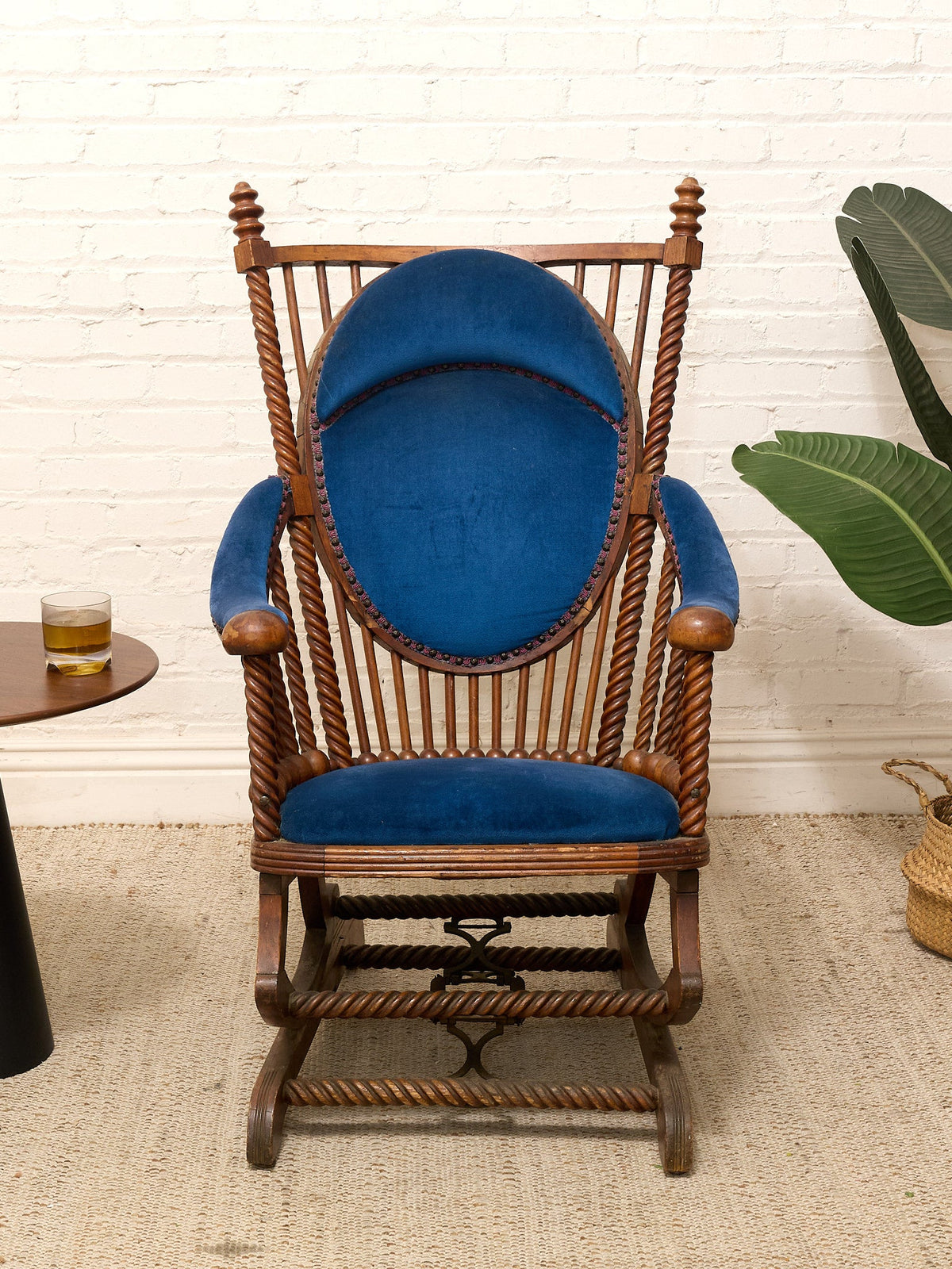1870s Antique George Hunzinger Barley Twist Mahogany Needlepoint Rocking Chair