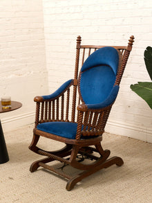 1870s Antique George Hunzinger Barley Twist Mahogany Needlepoint Rocking Chair