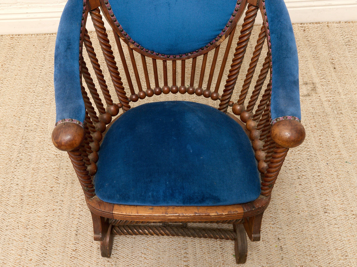 1870s Antique George Hunzinger Barley Twist Mahogany Needlepoint Rocking Chair