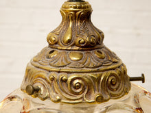 Pair of Vintage Faceted Glass Globe Pendant Lights with Ornate Brass Caps