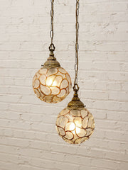 Pair of Vintage Faceted Glass Globe Pendant Lights with Ornate Brass Caps