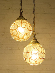 Pair of Vintage Faceted Glass Globe Pendant Lights with Ornate Brass Caps