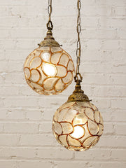 Pair of Vintage Faceted Glass Globe Pendant Lights with Ornate Brass Caps